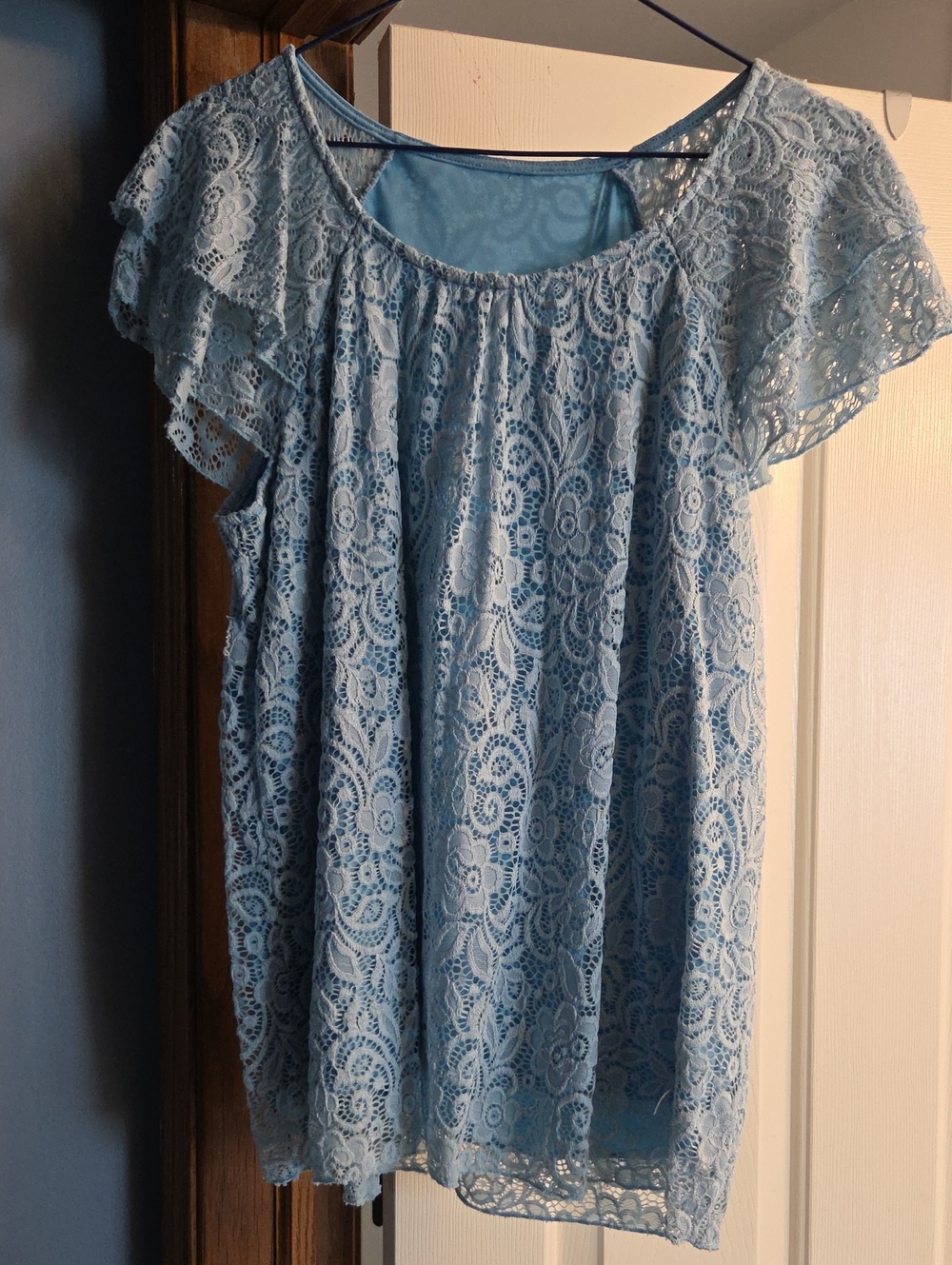 Light Blue Lace Flutter-Sleeve Kids Dress